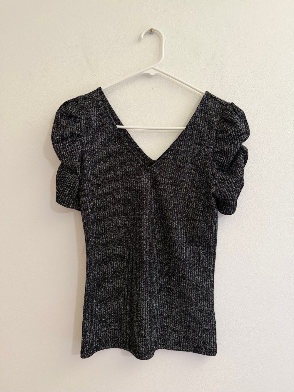 Express Black Puff-Sleeve Top with Silver/Glitter Women’s Size S